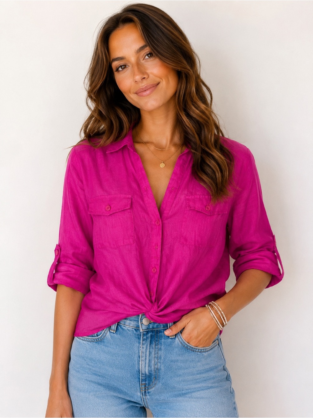 INC International Concepts Fuchsia Button-Down Twist-Front Shirt